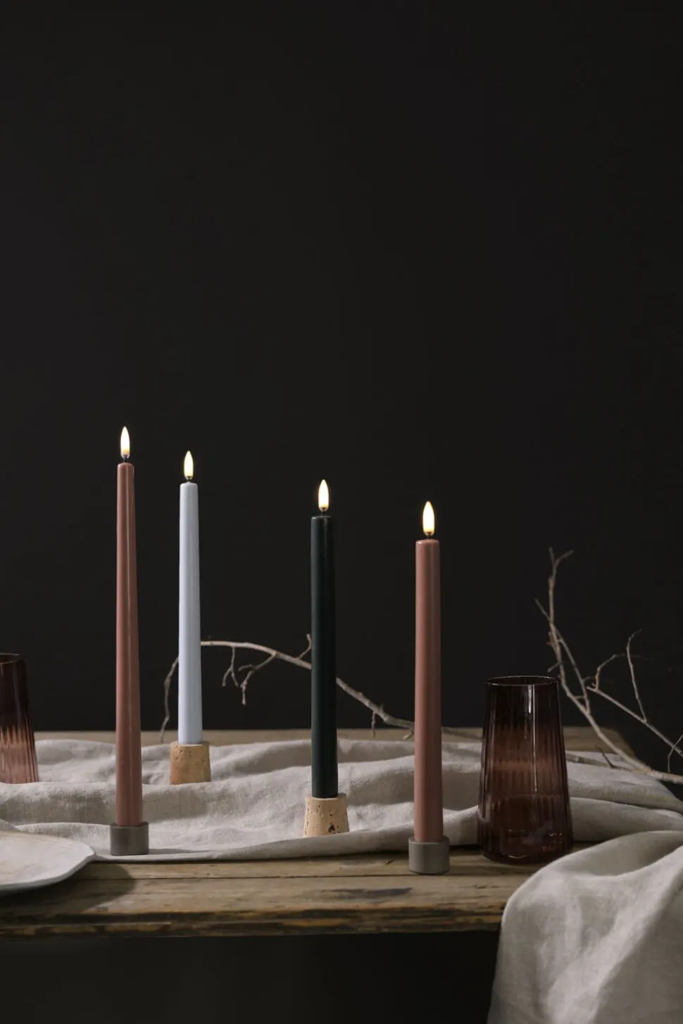 LED taper candle, Pine green, smooth, 2-pack, 2,3x25 cm
