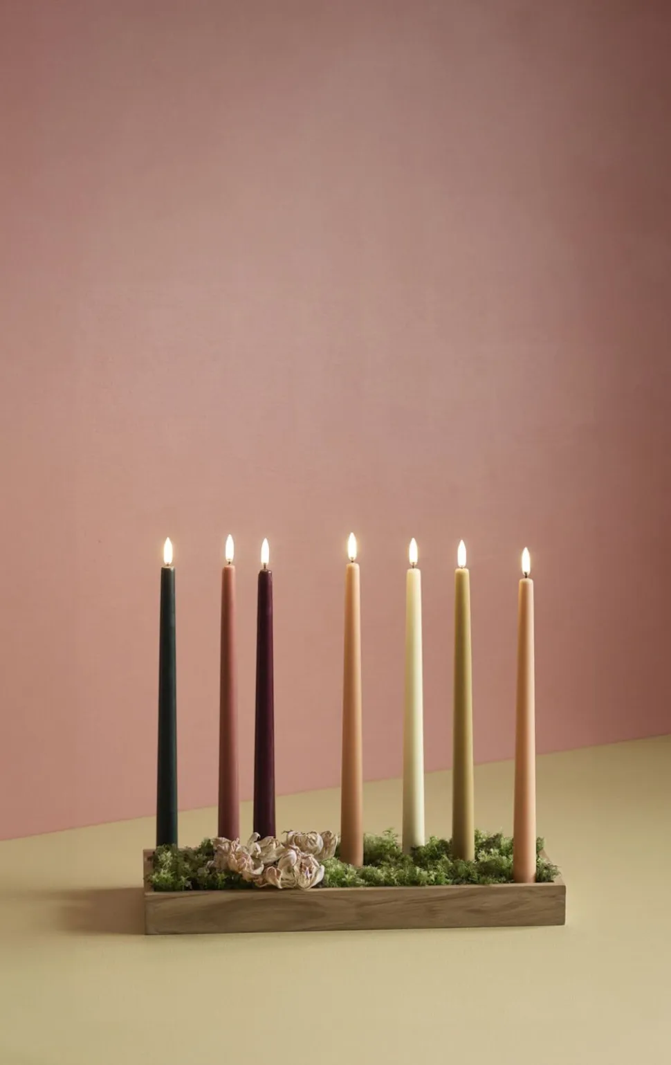LED taper candle, Pine green, smooth, 2-pack, 2,3x25 cm