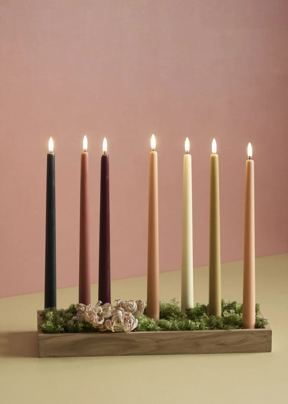 LED taper candle, Pine green, smooth, 2-pack, 2,3x25 cm